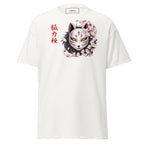 Weißes Nebura Shirt mit Kitsune Sakura Motiv auf der Vorderseite, japanisch inspiriertes Fuchsdesign mit Kirschblüten und ruhiger Symbolik