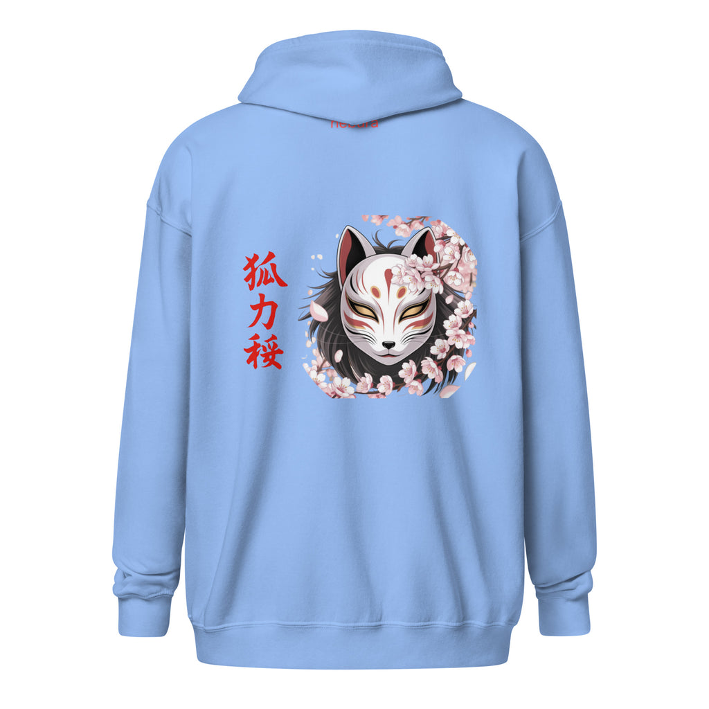 Kitsune Sakura Zip Hoodie mit japanischer Fuchsmaske und Sakura Design auf blauem Hoodie