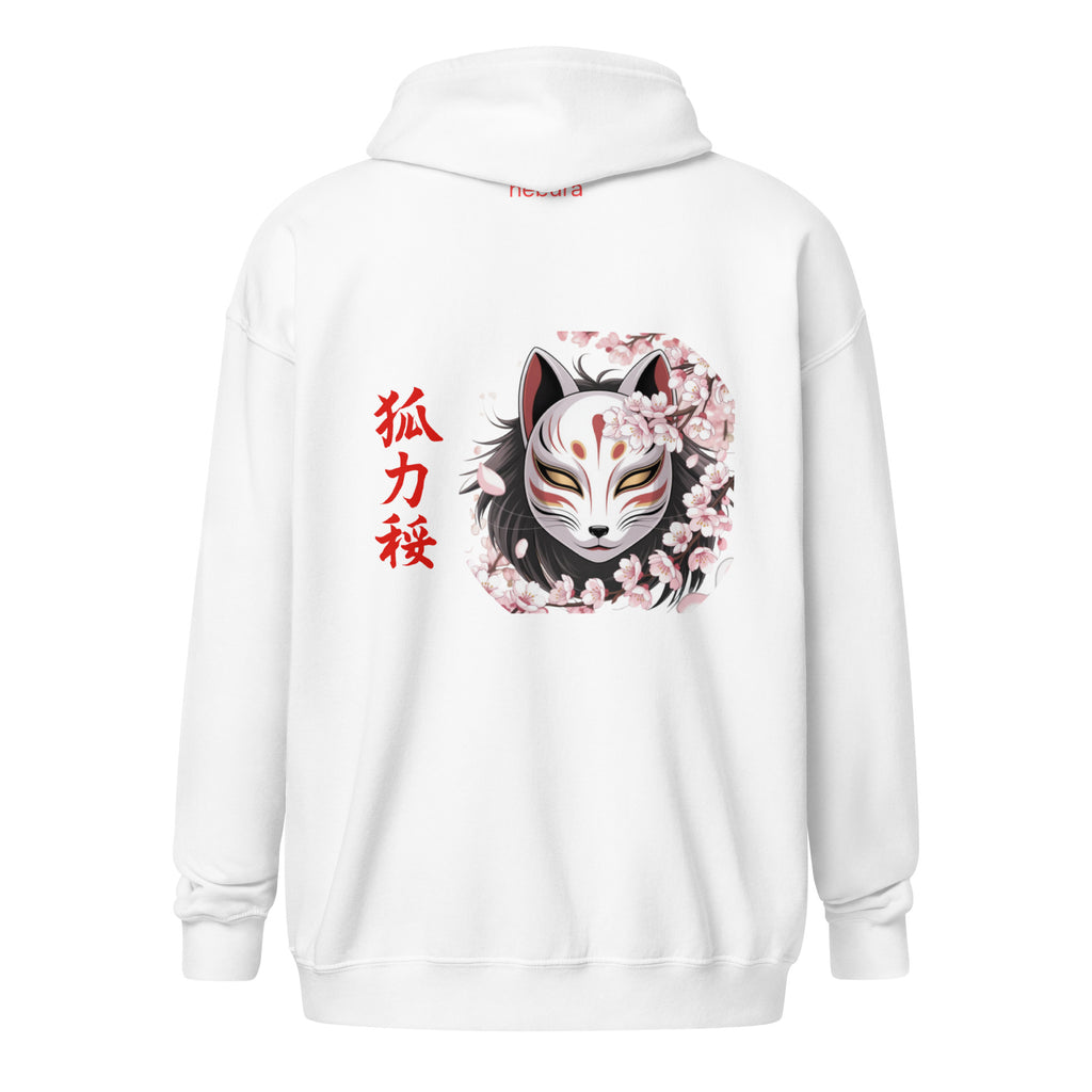 Kitsune Sakura Zip Hoodie mit Kitsune Maske und Kirschblüten auf weißem Hoodie