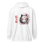 Kitsune Sakura Zip Hoodie mit Kitsune Maske und Kirschblüten auf weißem Hoodie