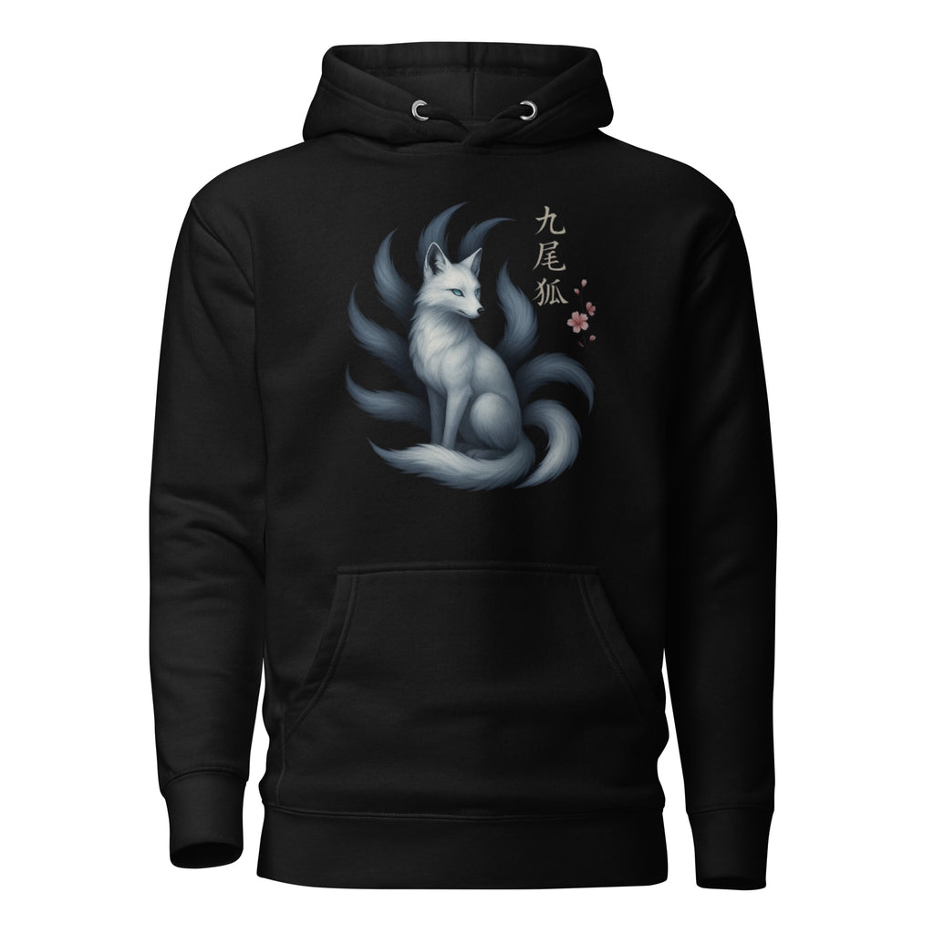 Schwarzer Nebura Hoodie mit Kyūbi Motiv auf der Vorderseite, spiritueller neunschwänziger Fuchs aus der japanischen Mythologie