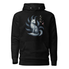 Schwarzer Nebura Hoodie mit Kyūbi Motiv auf der Vorderseite, spiritueller neunschwänziger Fuchs aus der japanischen Mythologie