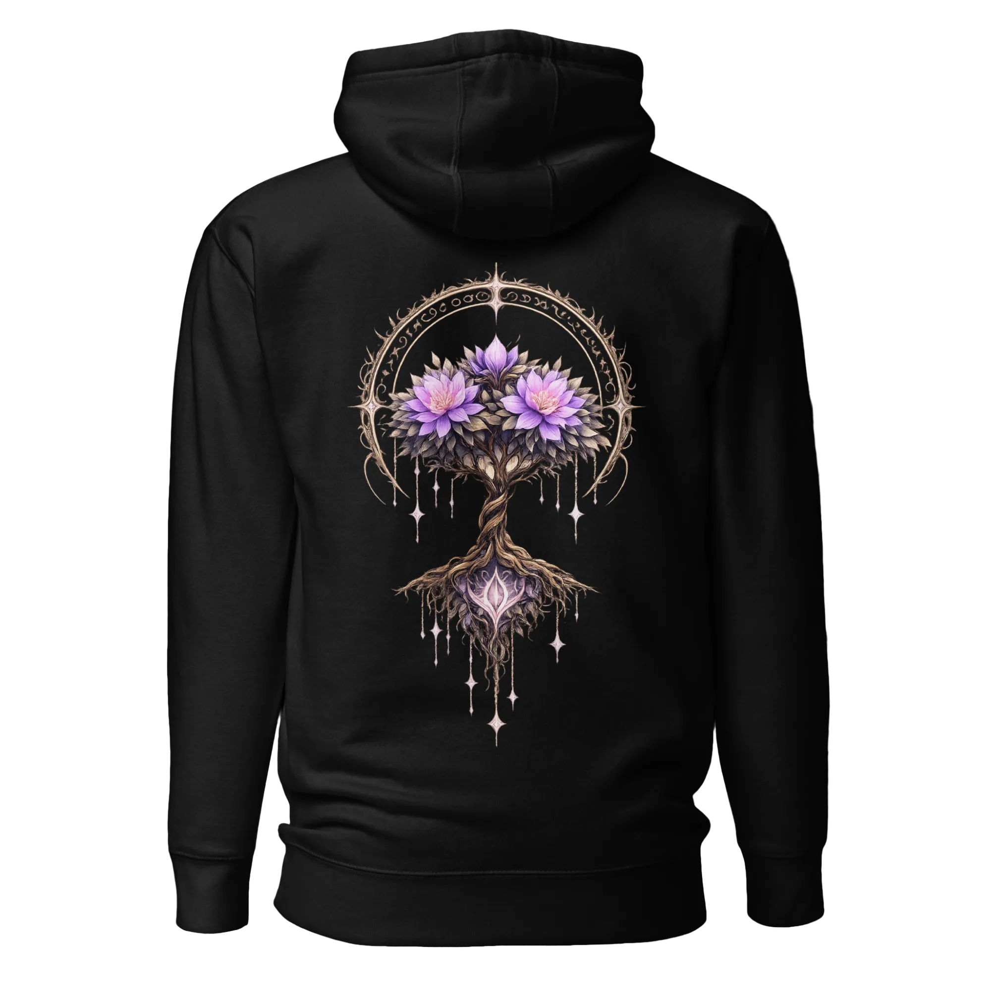Nebura Lumina Arbor Hoodie schwarz mit mystischem Baum des Lichts Motiv im Nebura Fantasy Stil