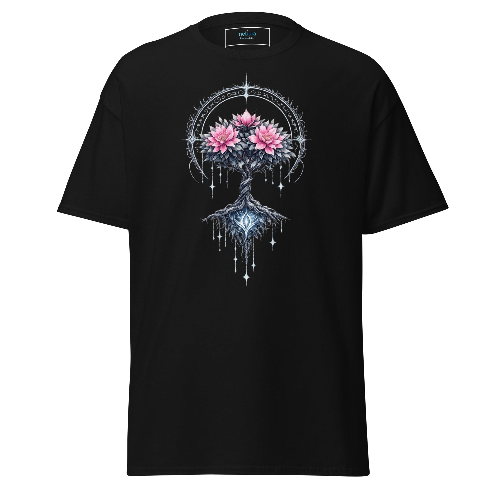 Nebura Lumina Arbor T-Shirt schwarz mit leuchtendem Baum des Lichts Fantasy