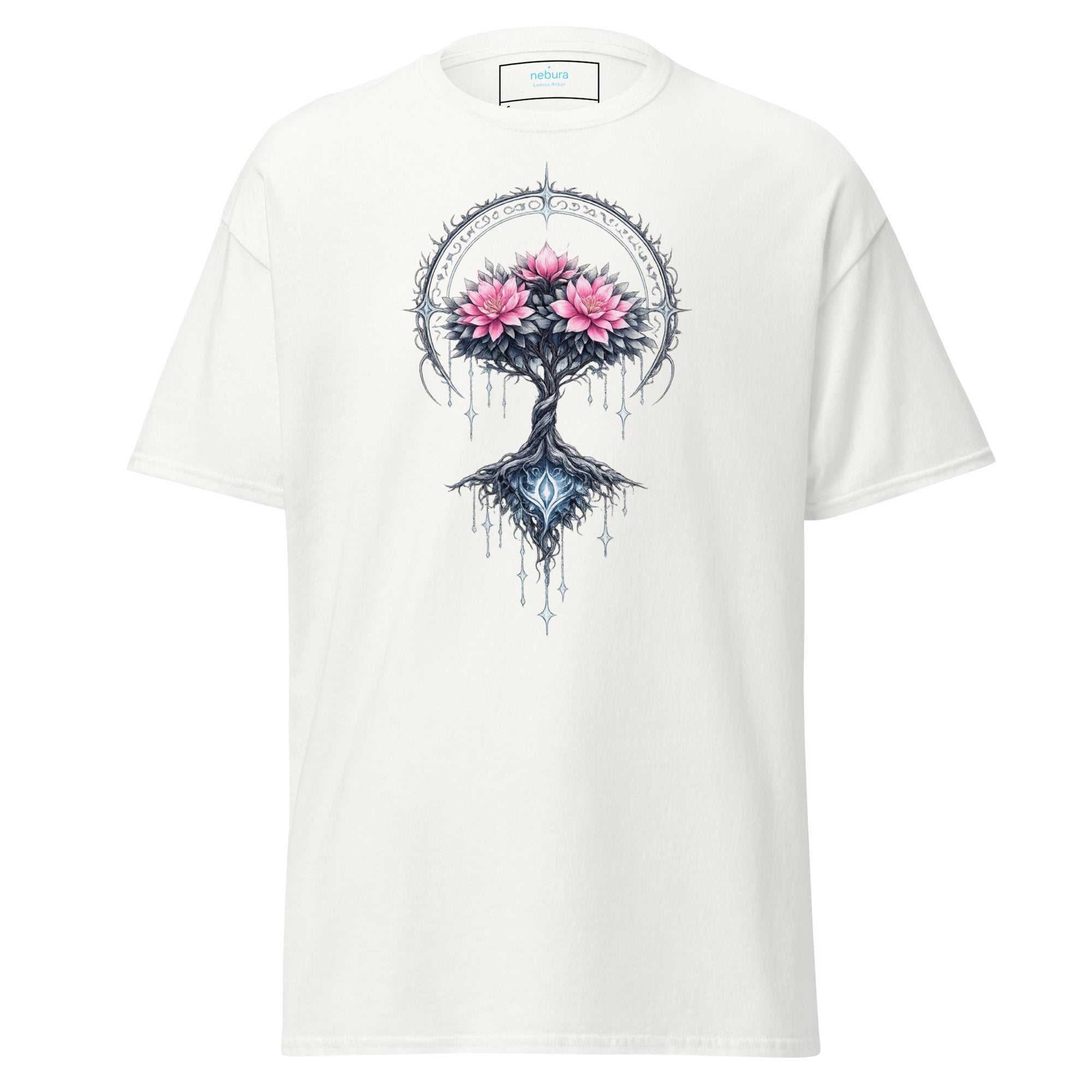 Nebura Lumina Arbor T-Shirt weiß mit leuchtendem Baum des Lichts Fantasy Design