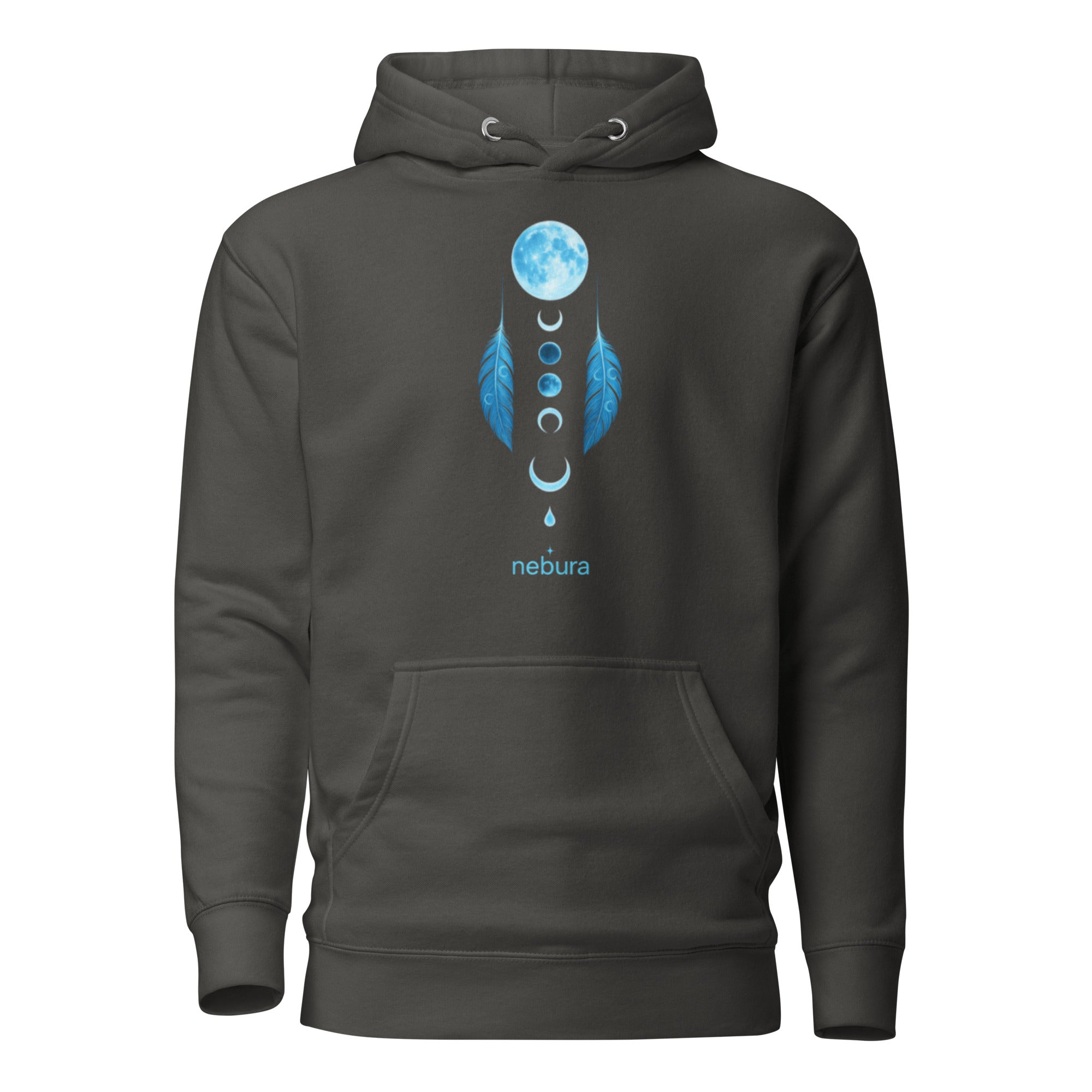 Hellgrauer Nebura Hoodie mit Lunar Dreamcatcher Motiv, mystisches Mond- und Traumfänger-Design in ruhigem Stil
