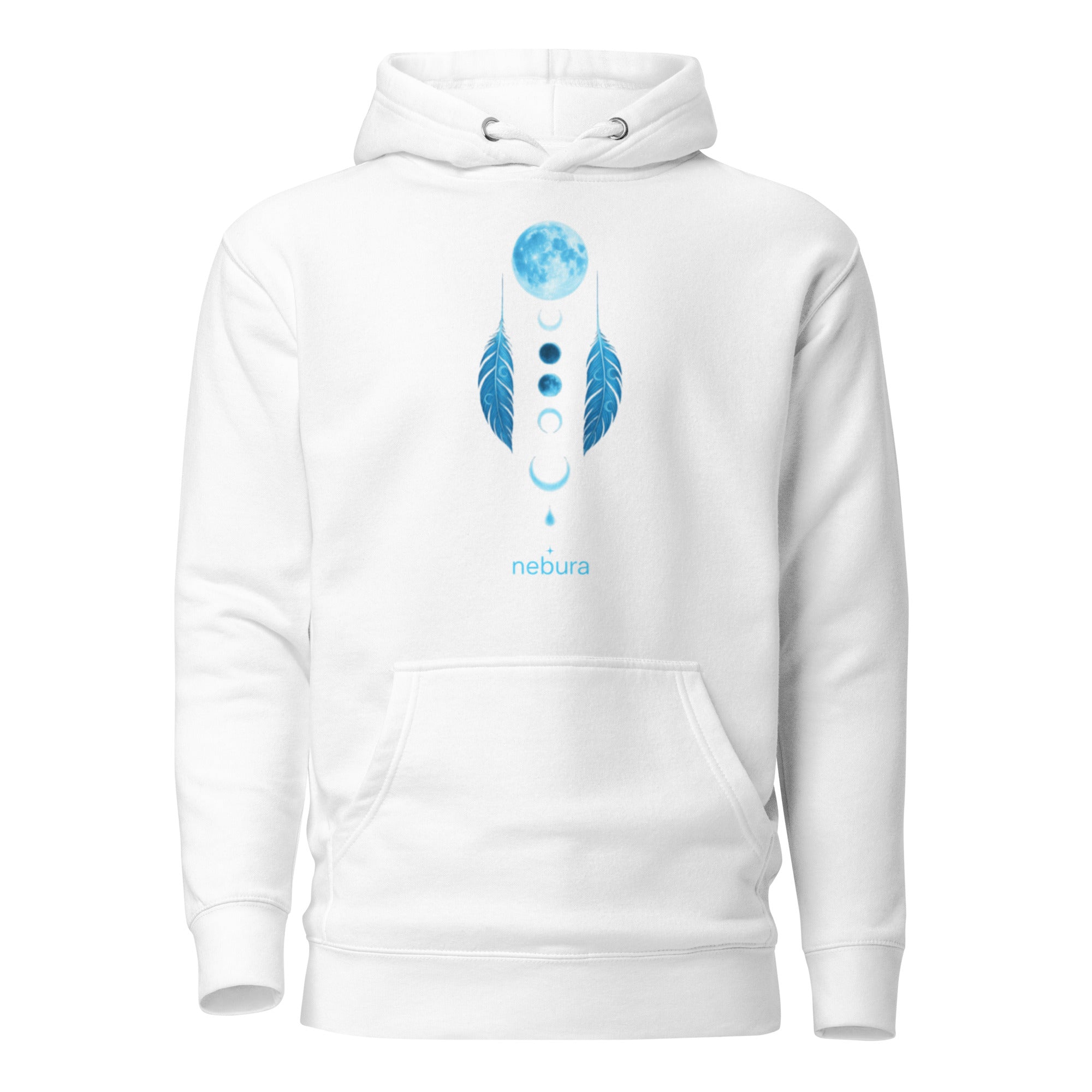 Weißer Nebura Hoodie mit Lunar Dreamcatcher Motiv, mystisches Design mit Mond und Traumfänger Symbolik