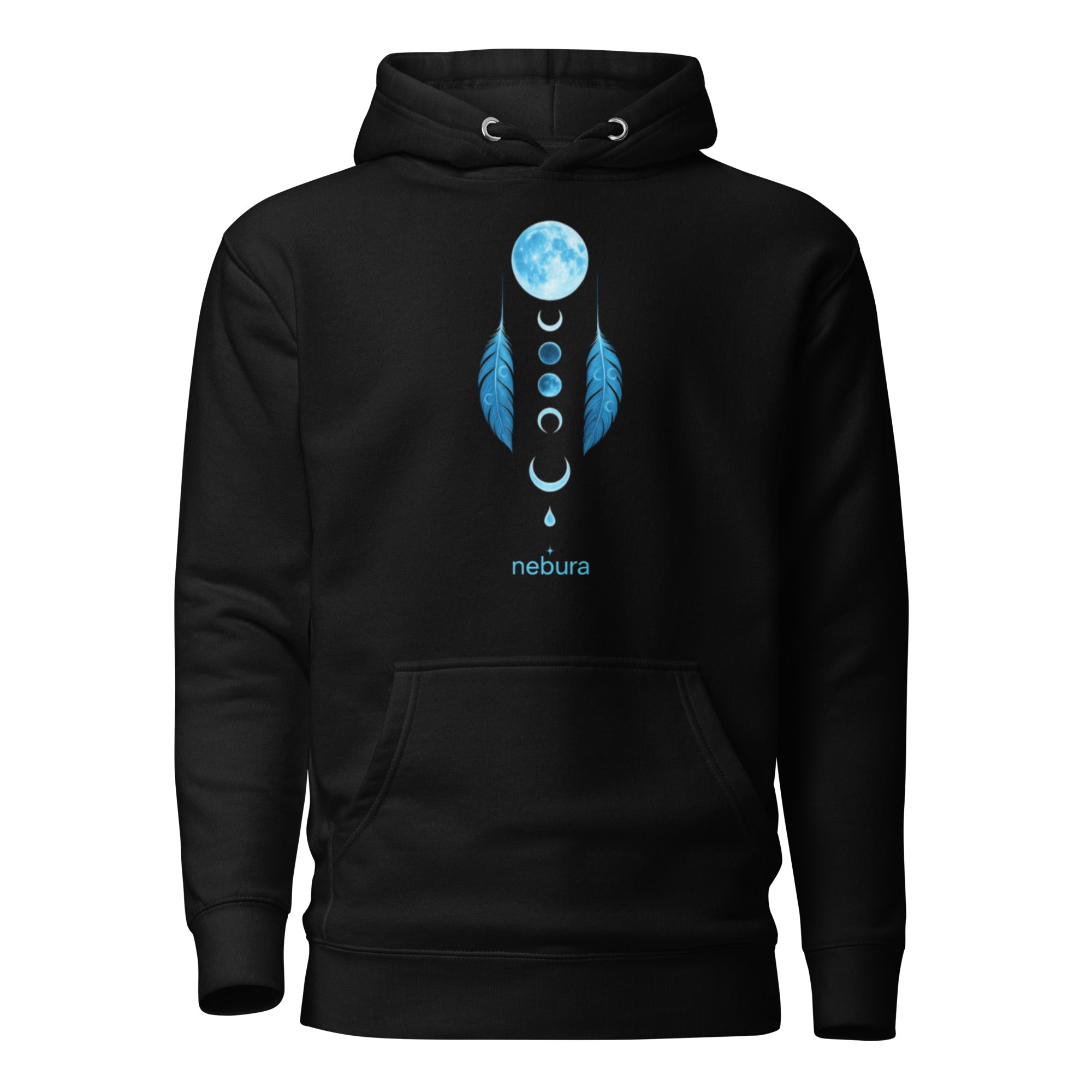Schwarzer Nebura Hoodie mit Lunar Dreamcatcher Motiv, mystisches Design mit Mond und Traumfänger Symbolik