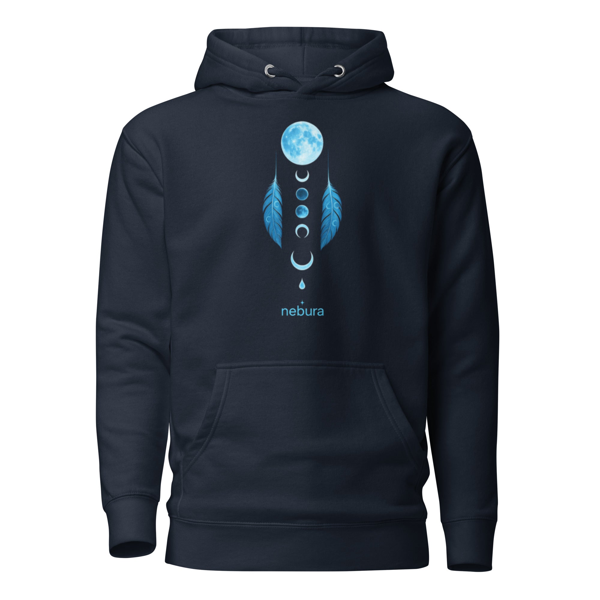 Navy Blauer Nebura Hoodie mit Lunar Dreamcatcher Motiv, mystisches Design mit Mond und Traumfänger Symbolik
