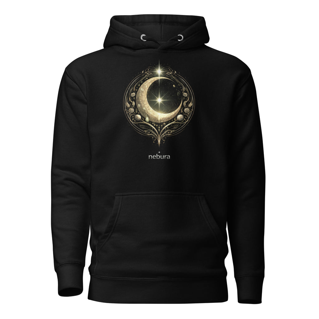 Nebura Lunar Sigil Aurum Hoodie schwarz mit goldenem Mondsiegel und kosmischem Kreisornament