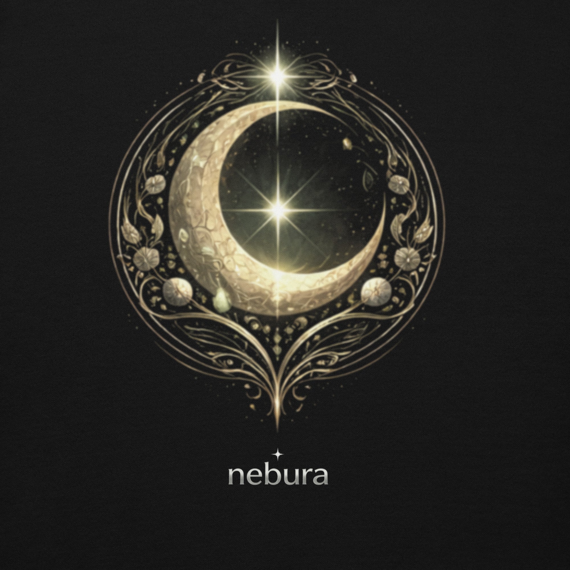 Nebura Lunar Sigil Aurum Detailansicht – goldenes Mondsiegel mit feinem Kreisornament auf schwarzem Hoodie