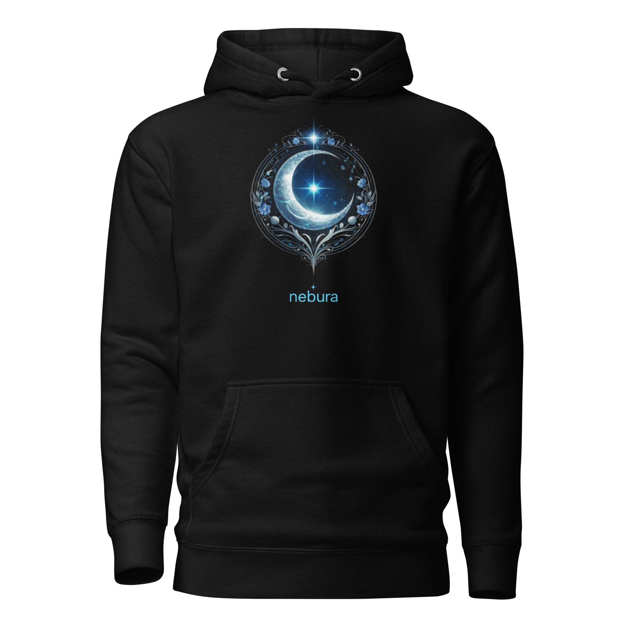 Nebura Lunar Sigil Hoodie schwarz mit leuchtendem Mondsymbol und kosmischem Kreisornament