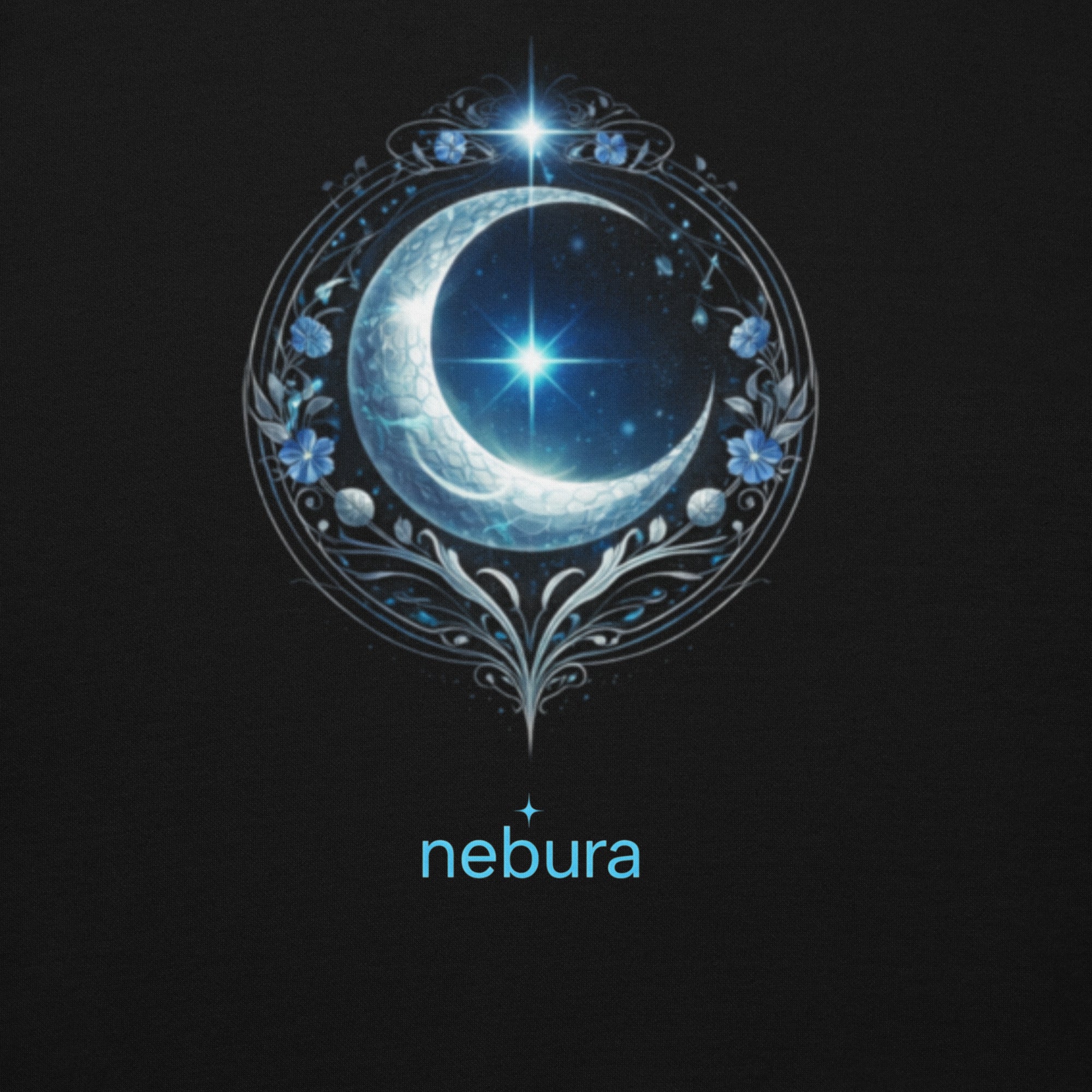 Nebura Lunar Sigil Detailansicht – leuchtendes blaues Mondsiegel mit kosmischem Ornamentkreis auf schwarzem Hoodie
