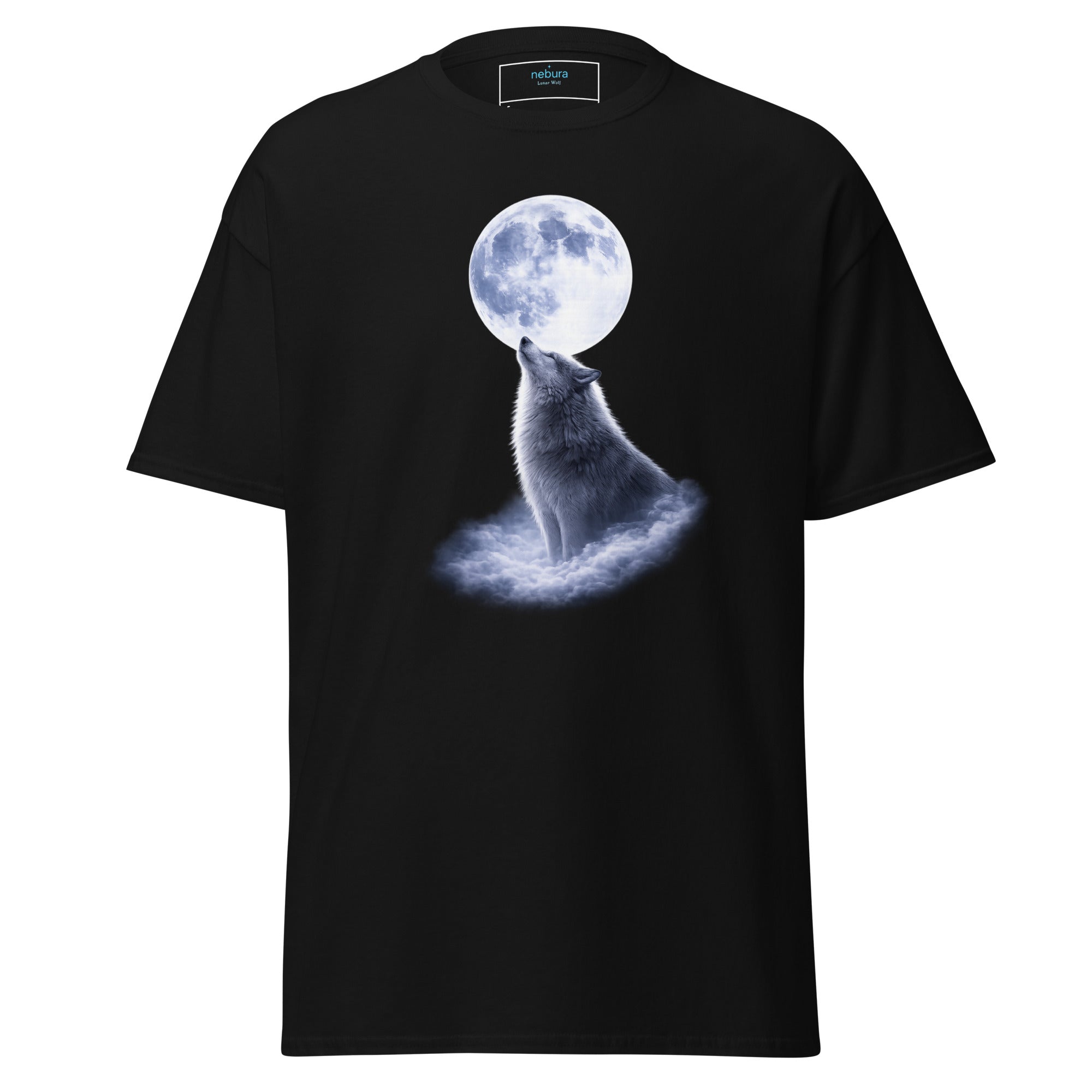 Schwarzes Nebura Shirt - Lunar Wolf im Mytischen Stil und leuchtendem Mond