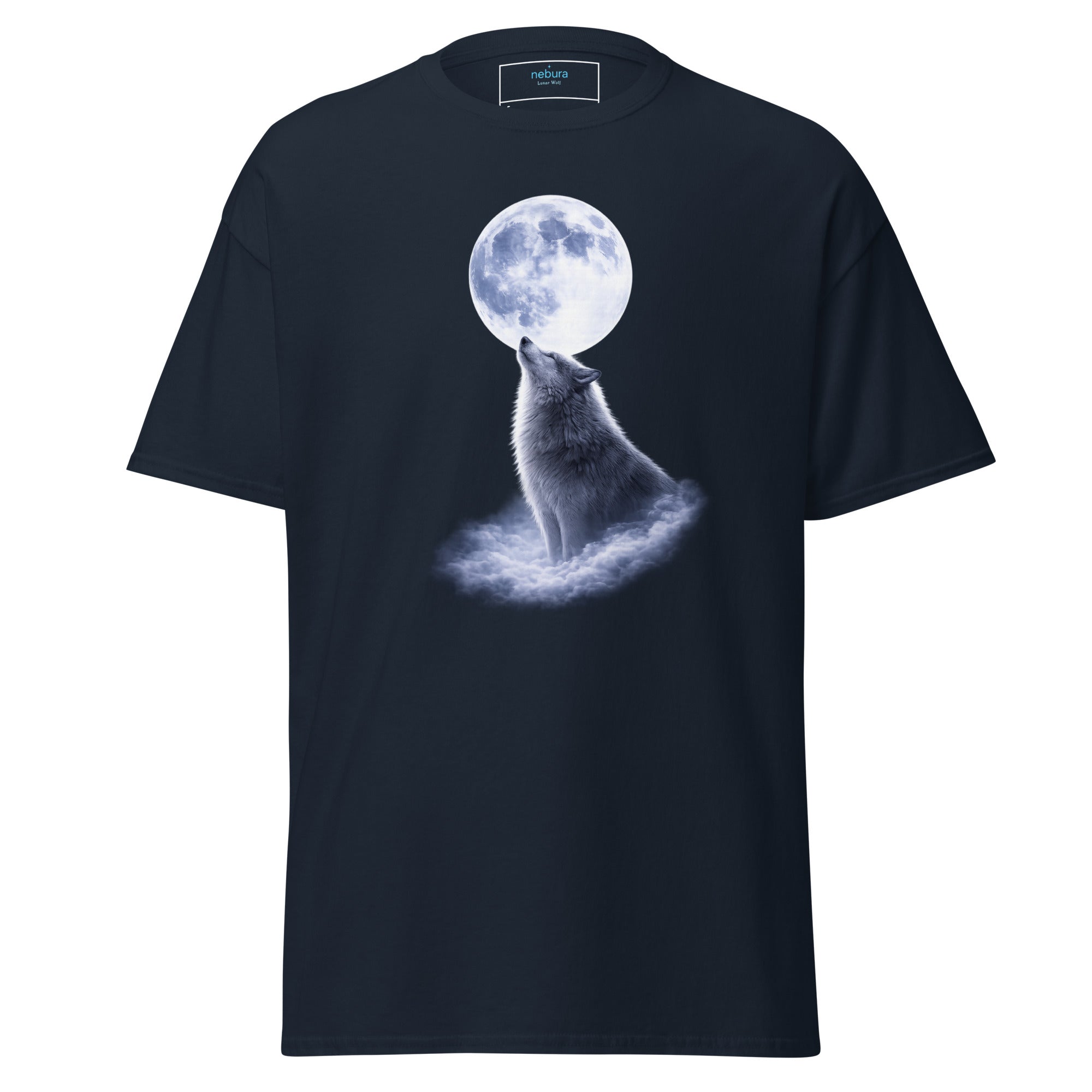Navy Blaues Nebura Shirt - Lunar Wolf im Mytischen Stil und leuchtendem Mond