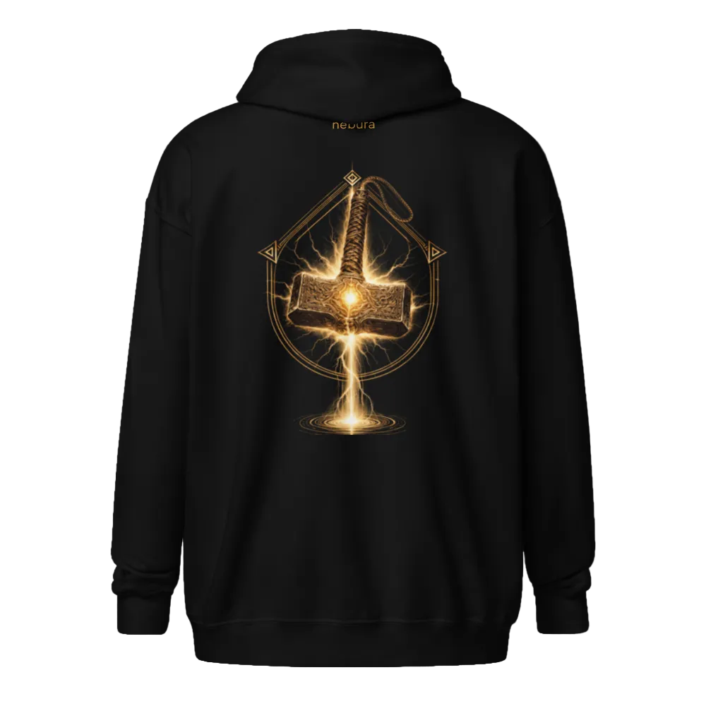 Mjölnirs Aufstieg schwarzer Zip Hoodie mit leuchtendem Thor Hammer Design von Nebura