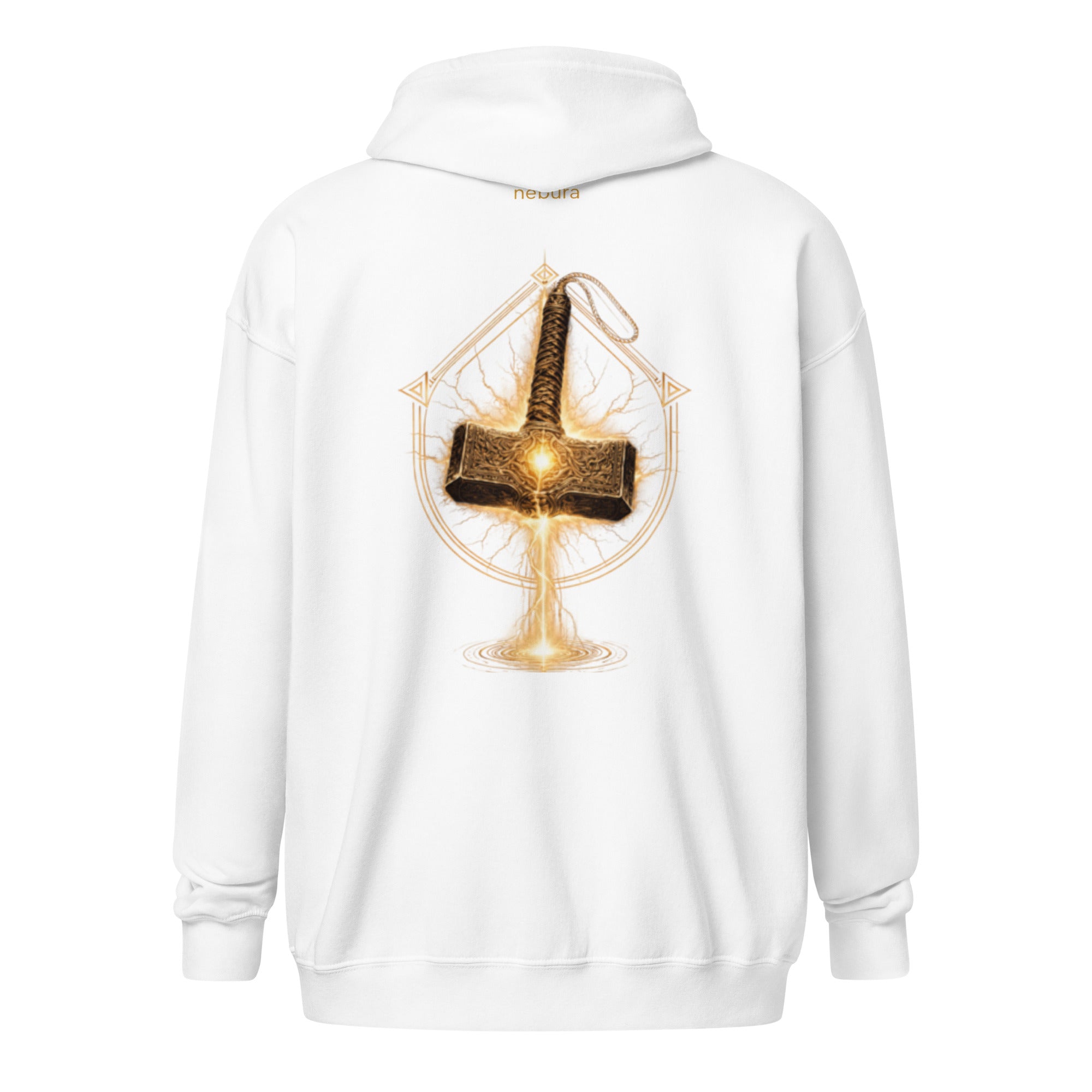 Mjölnirs Aufstieg Zip Hoodie in weiß mit nordischem Mjölnir Hammer Design
