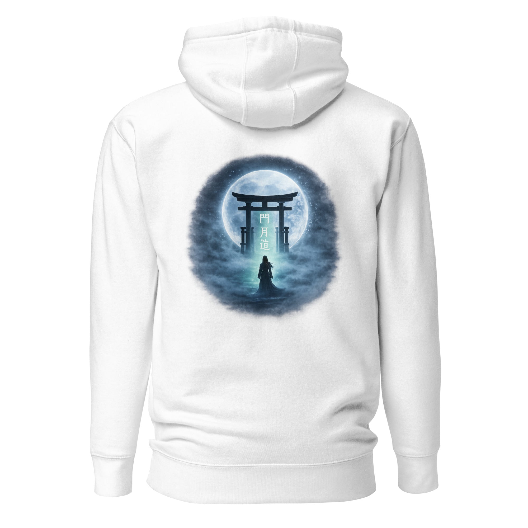 Japanisches Torii Mond Motiv mit Nebel als Rückenprint auf weißem Hoodie
