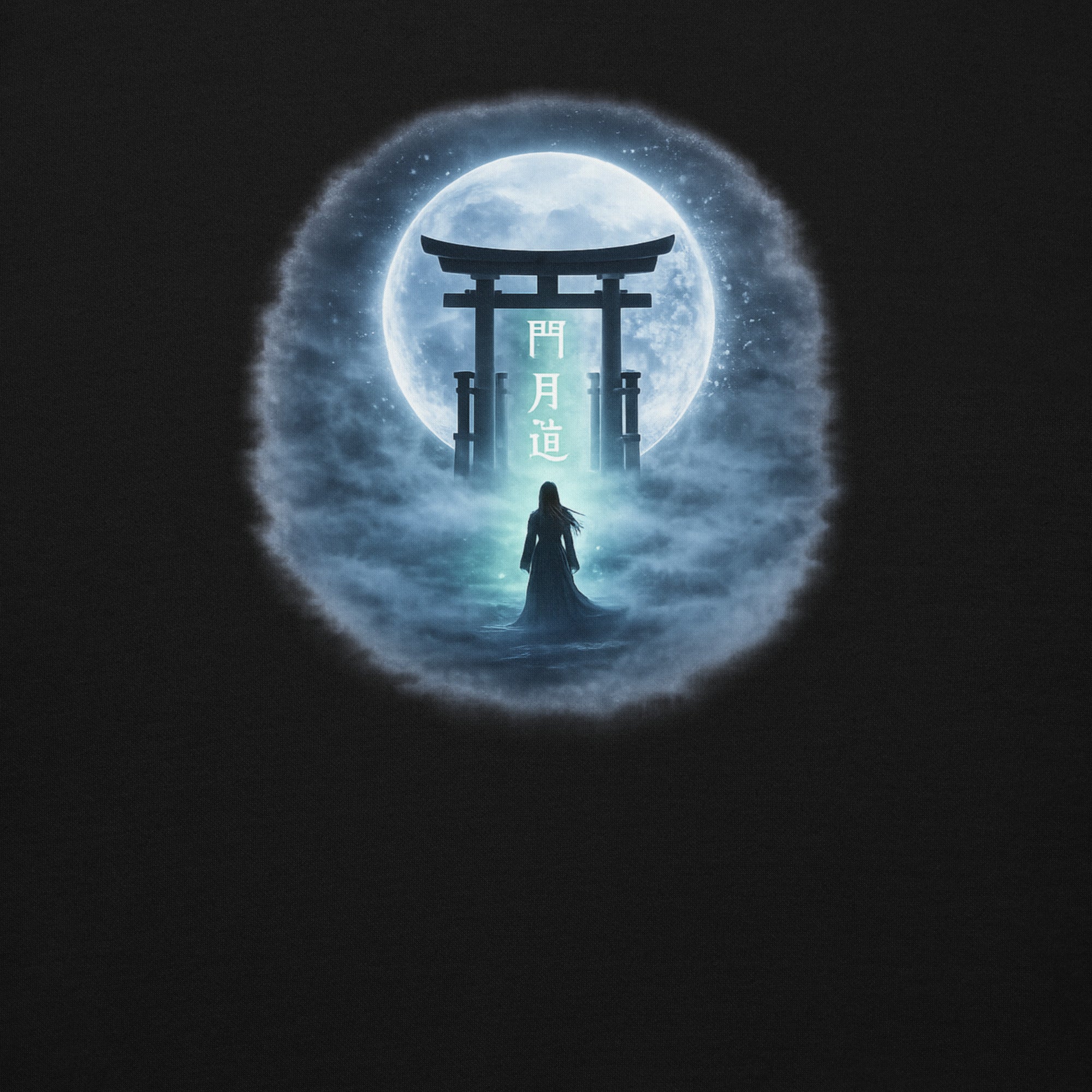 Detailansicht, Torii Tor vor Vollmond mit den Zeichen für Tor, Mond und Weg