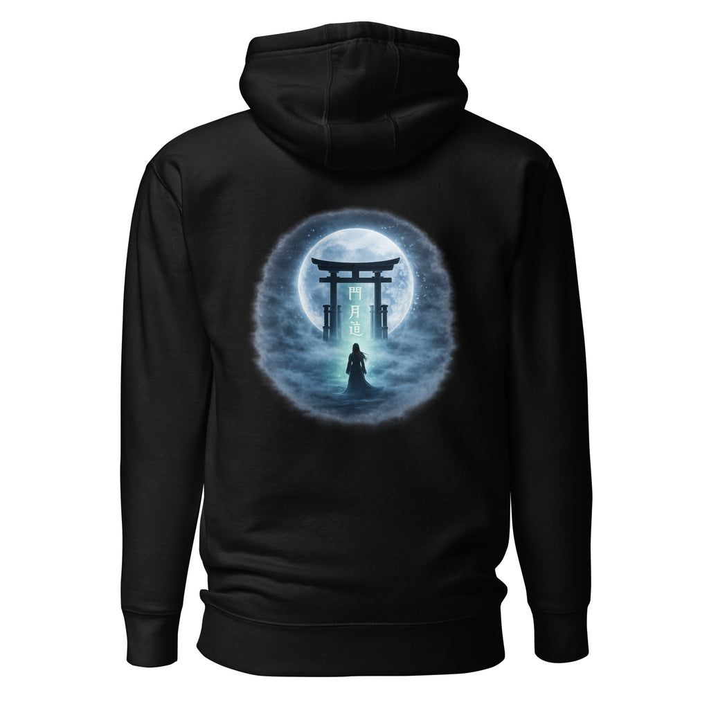 Torii Tor im Vollmond mit Nebel und leuchtenden Schriftzeichen auf schwarzem Hoodie