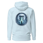 Torii-Tor im Vollmond mit Nebel und leuchtenden Schriftzeichen als Rückenprint auf hellblauem Hoodie