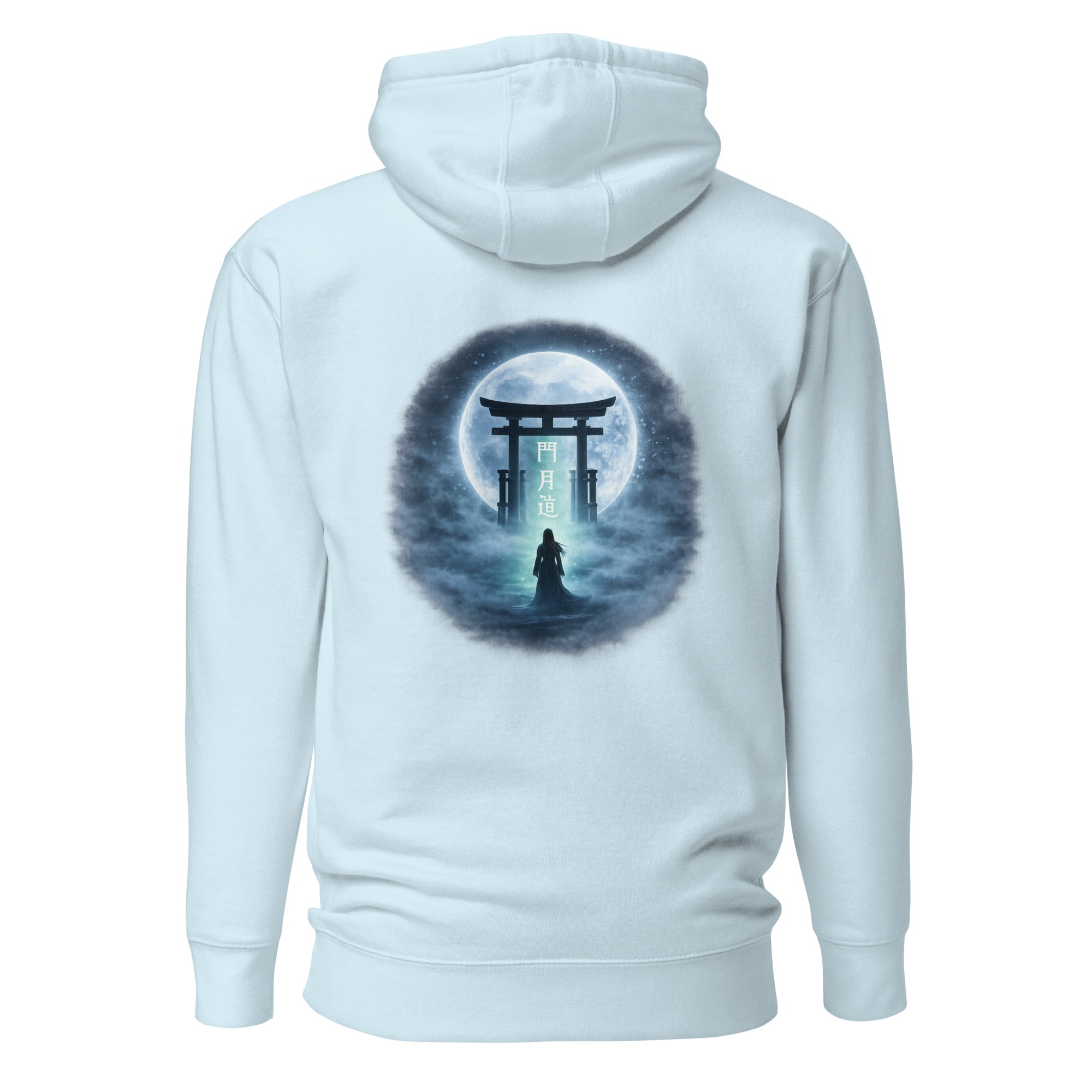 Torii-Tor im Vollmond mit Nebel und leuchtenden Schriftzeichen als Rückenprint auf hellblauem Hoodie