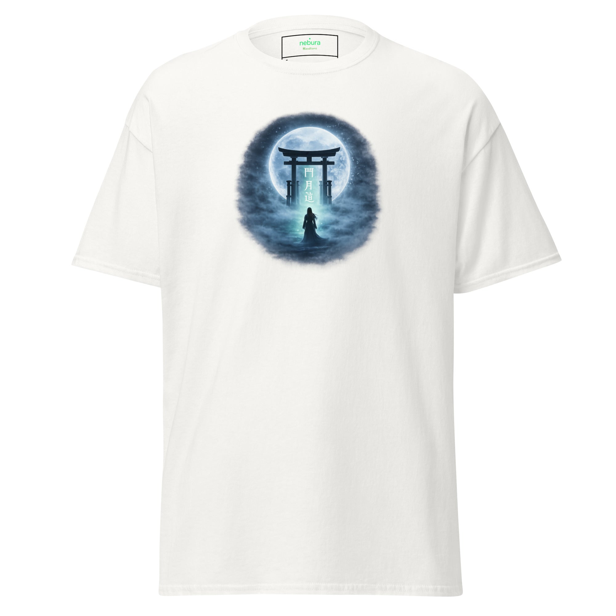 Japanisches Torii-Mond Motiv mit Nebel und Schriftzeichen als Frontprint auf weißem T-Shirt