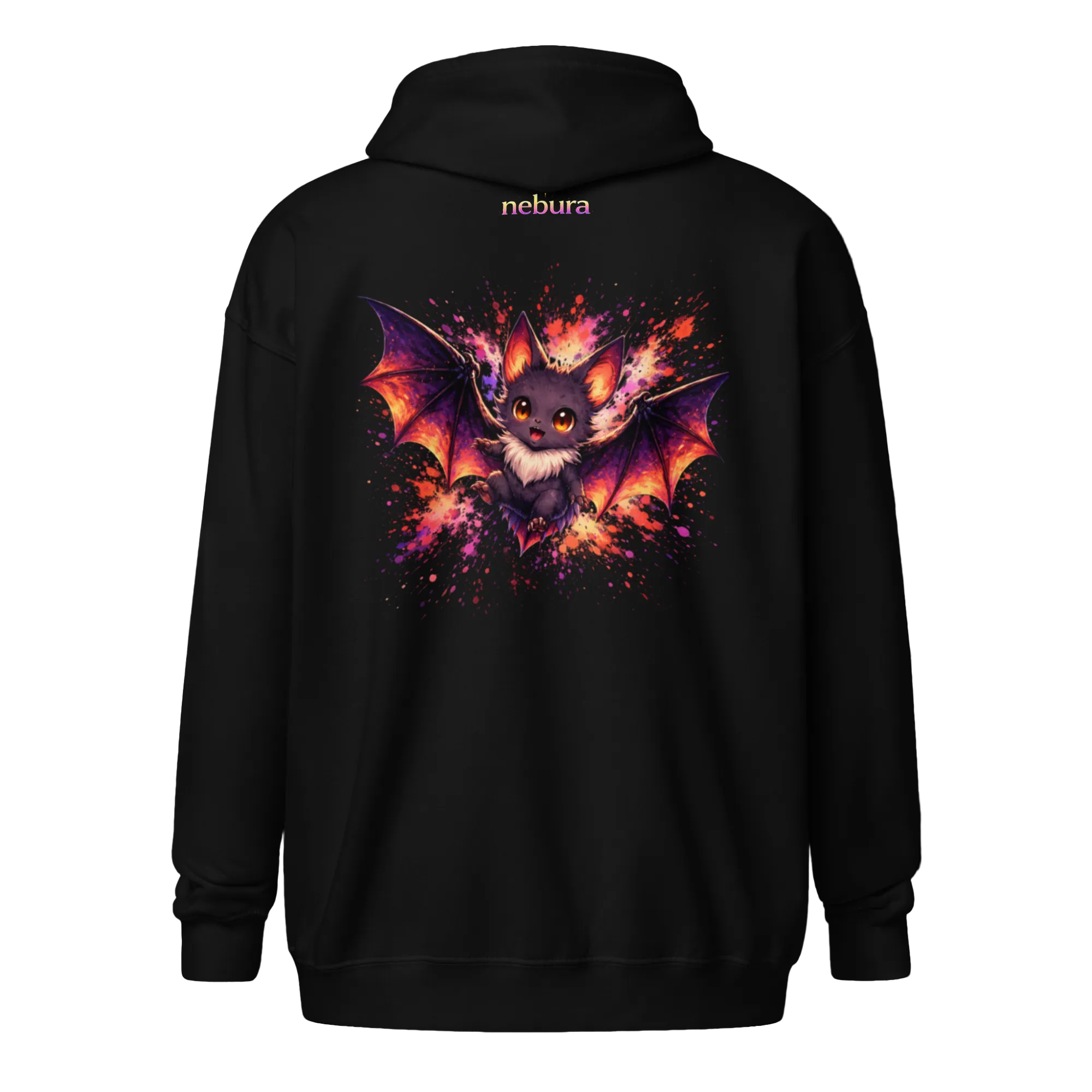 Anime Fledermaus Hoodie Nachtschwinge mit farbigem Splash Effekt auf schwarzem Hintergrund
