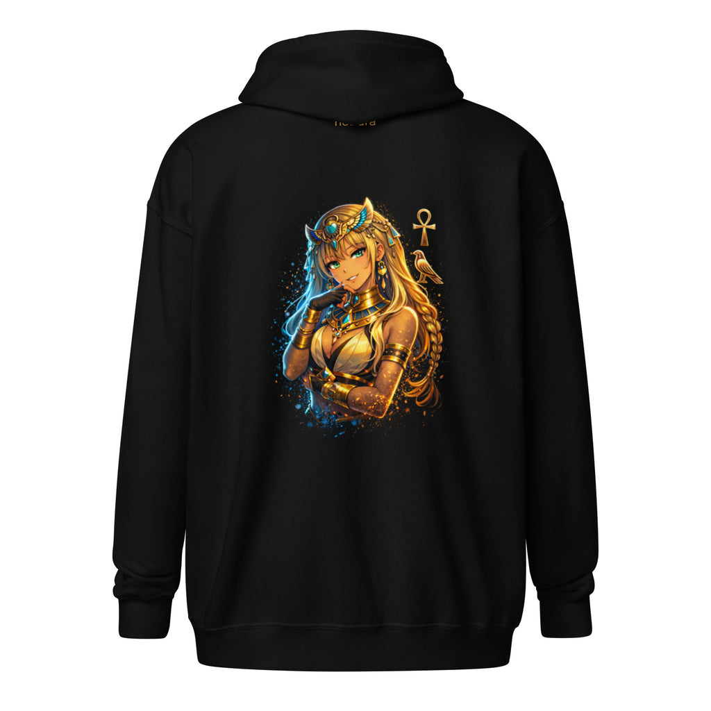 Nefira Tochter der Sonne Zip Hoodie mit ägyptischer Sonnenpriesterin und Ankh Symbol auf schwarzem Hoodie von Nebura