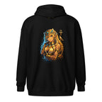 Nefira Tochter der Sonne Zip Hoodie mit ägyptischer Sonnenpriesterin und Ankh Symbol auf schwarzem Hoodie von Nebura