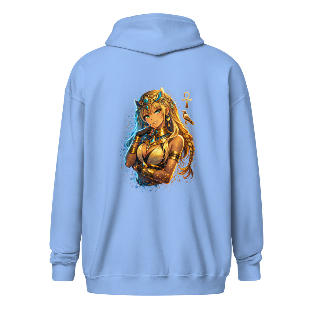 Nefira Tochter der Sonne Zip Hoodie mit ägyptischem Anime Sonnen Design auf hellblauem Hoodie von Nebura