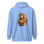 Nefira Tochter der Sonne Zip Hoodie mit ägyptischem Anime Sonnen Design auf hellblauem Hoodie von Nebura