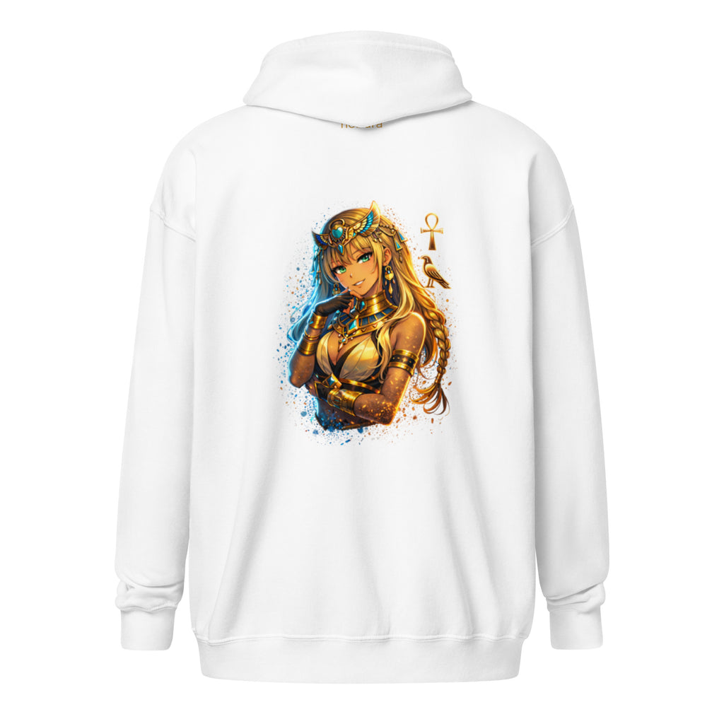 Nefira Tochter der Sonne Zip Hoodie mit ägyptischer Mythologie und Ankh Symbol auf weißem Hoodie von Nebura