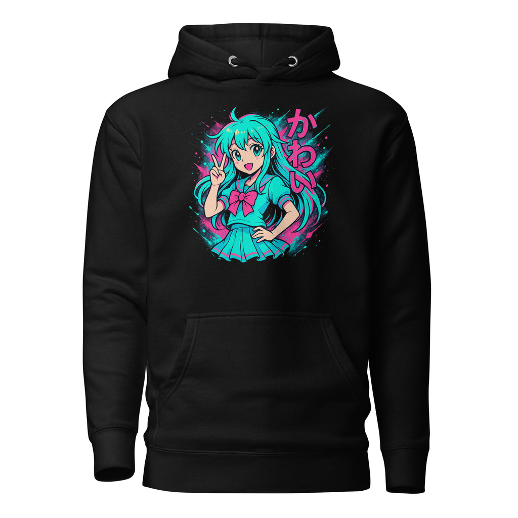 Nebura Neon Splash Hoodie in Schwarz – Anime Streetwear Design mit leuchtenden Neonfarben und verspielter Illustration
