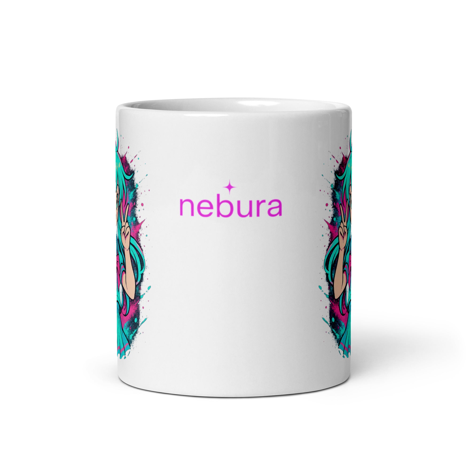 Nebura Neon Splash Tasse – Anime Style Design in leuchtenden Neonfarben auf weißer Keramiktasse