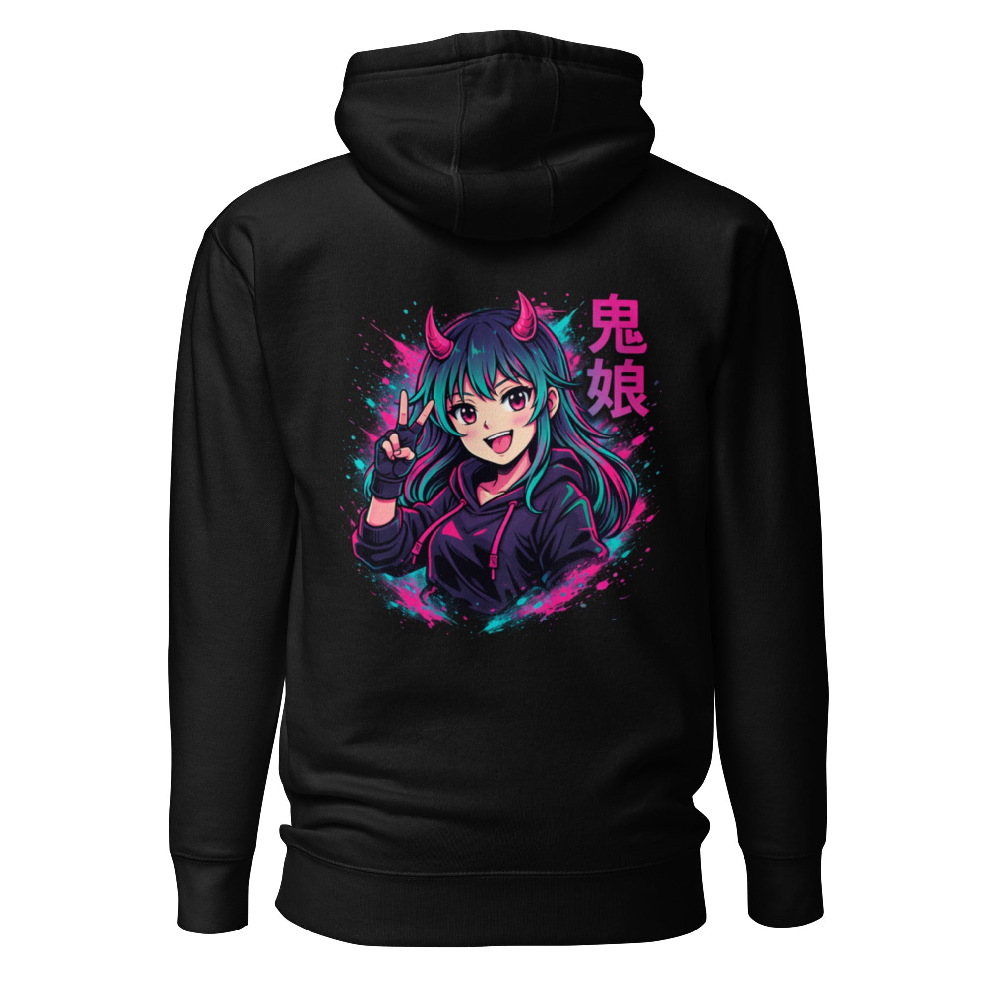 Nebura Oni Girl Neon Anime Hoodie in Schwarz mit großem Rückenmotiv