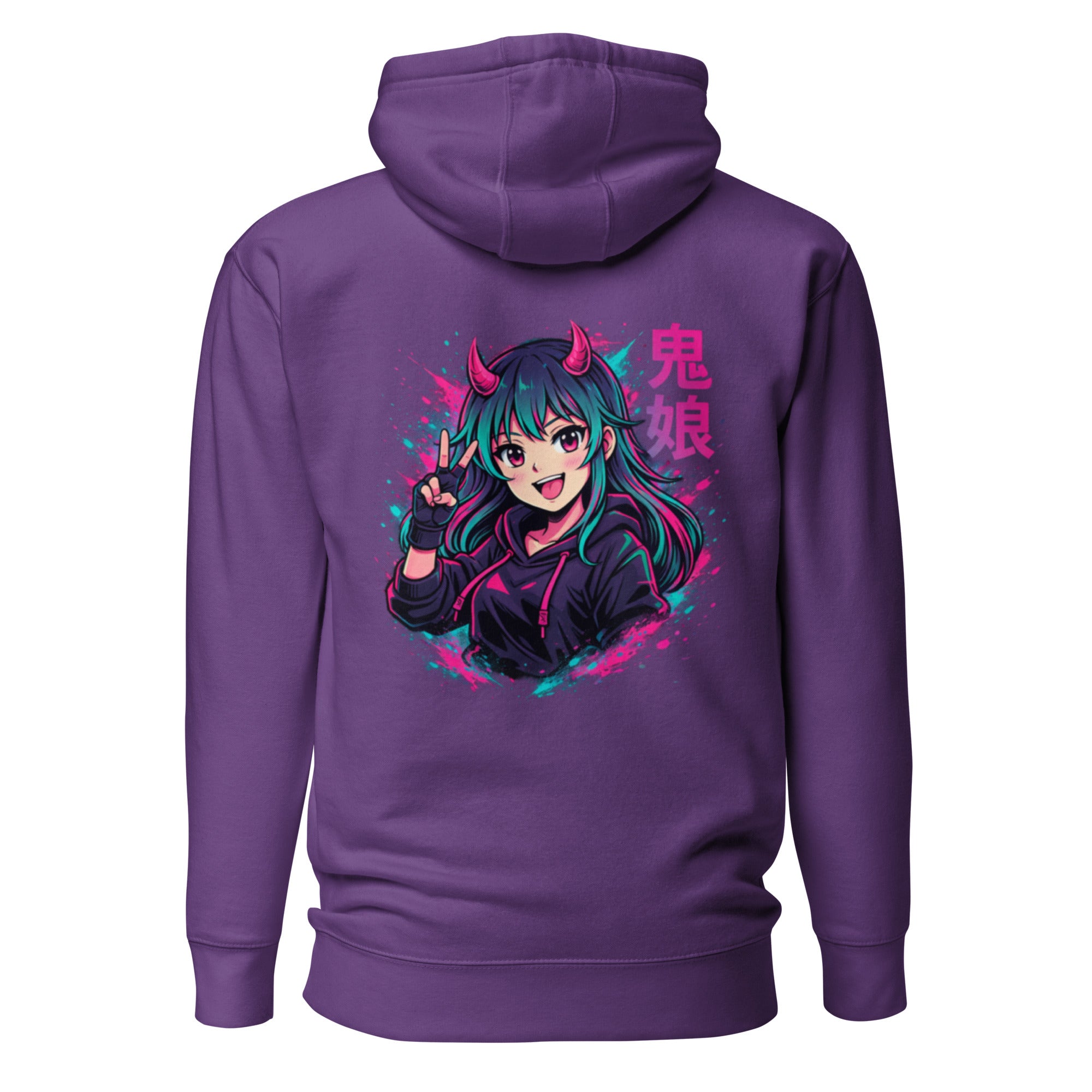 Nebura Oni Girl Neon Anime Hoodie in Lila mit kontrastreichem Rückenmotiv