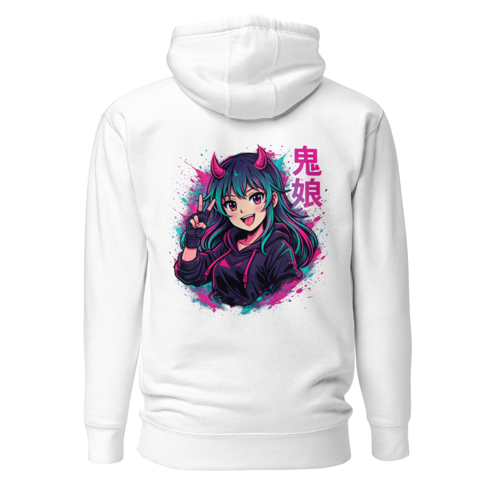 Nebura Oni Girl Neon Anime Hoodie in Weiß mit leuchtendem Anime-Rückenmotiv