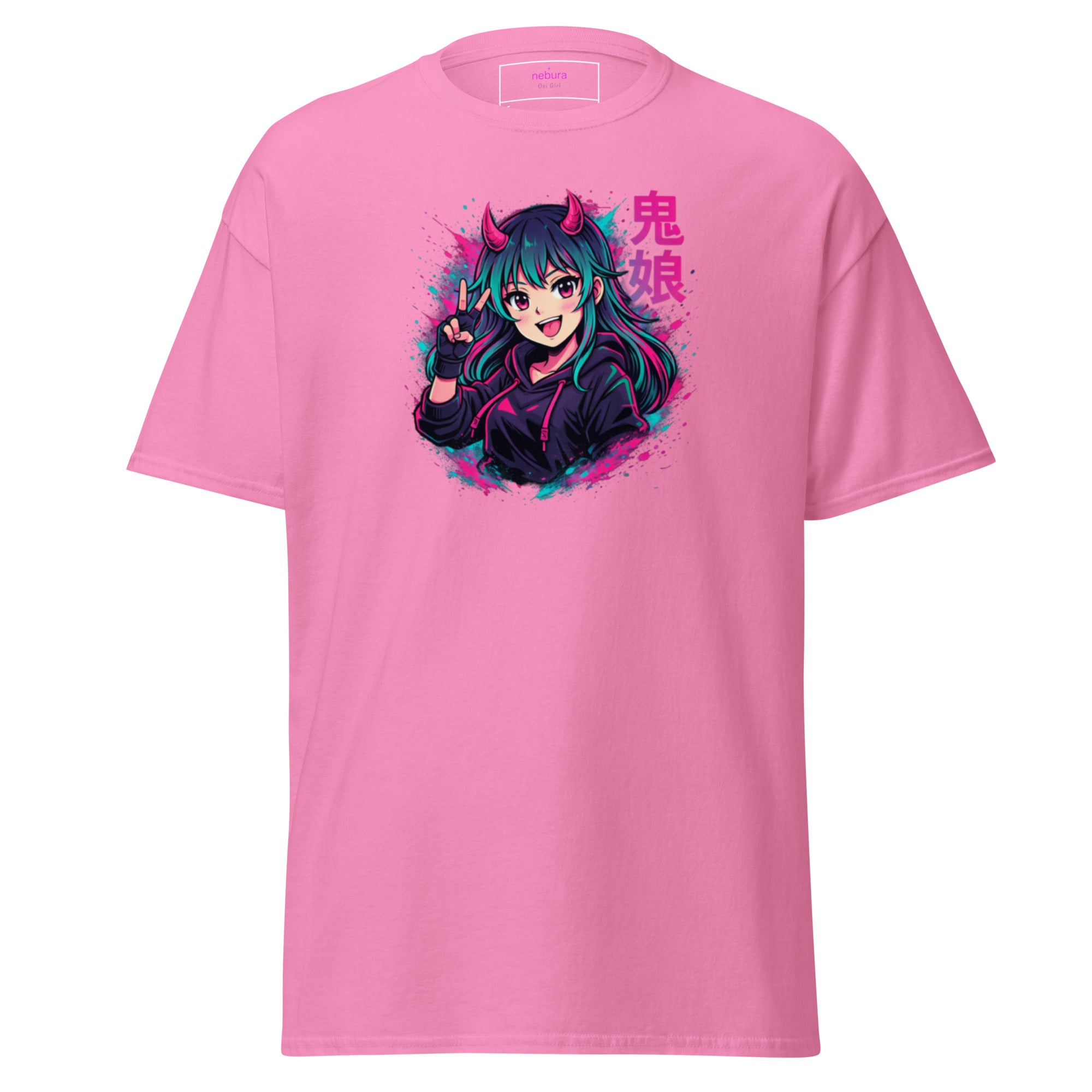Nebura Oni Girl Neon Anime T-Shirt in Pink mit auffälligem Frontprint