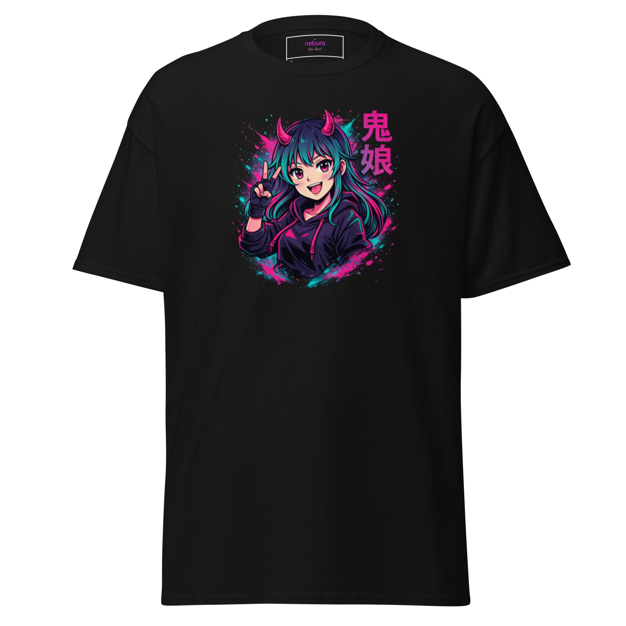 Nebura Oni Girl Neon Anime T-Shirt in Schwarz mit farbigem Frontprint