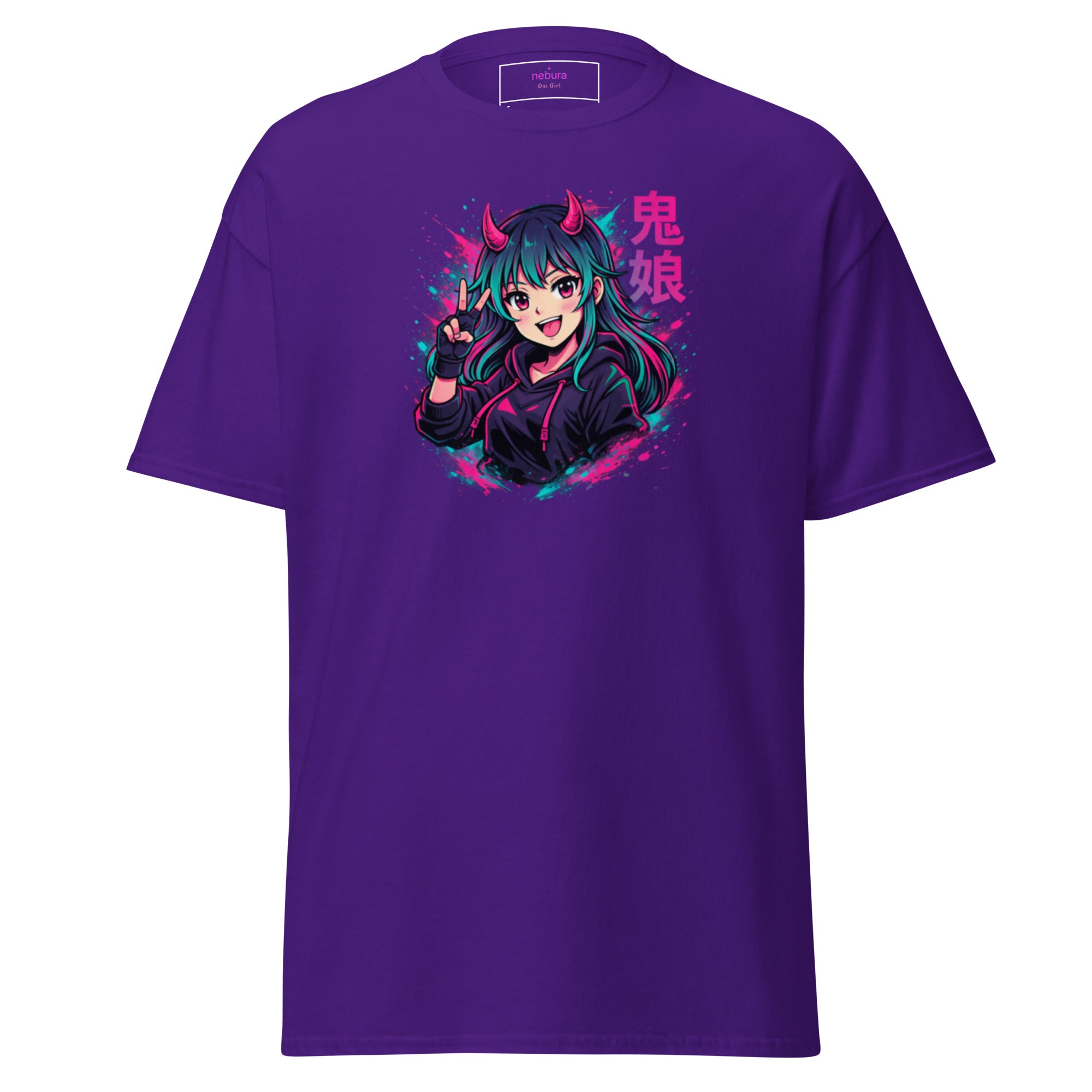 Nebura Oni Girl Neon Anime T-Shirt in Lila mit kontrastreichem Anime-Design