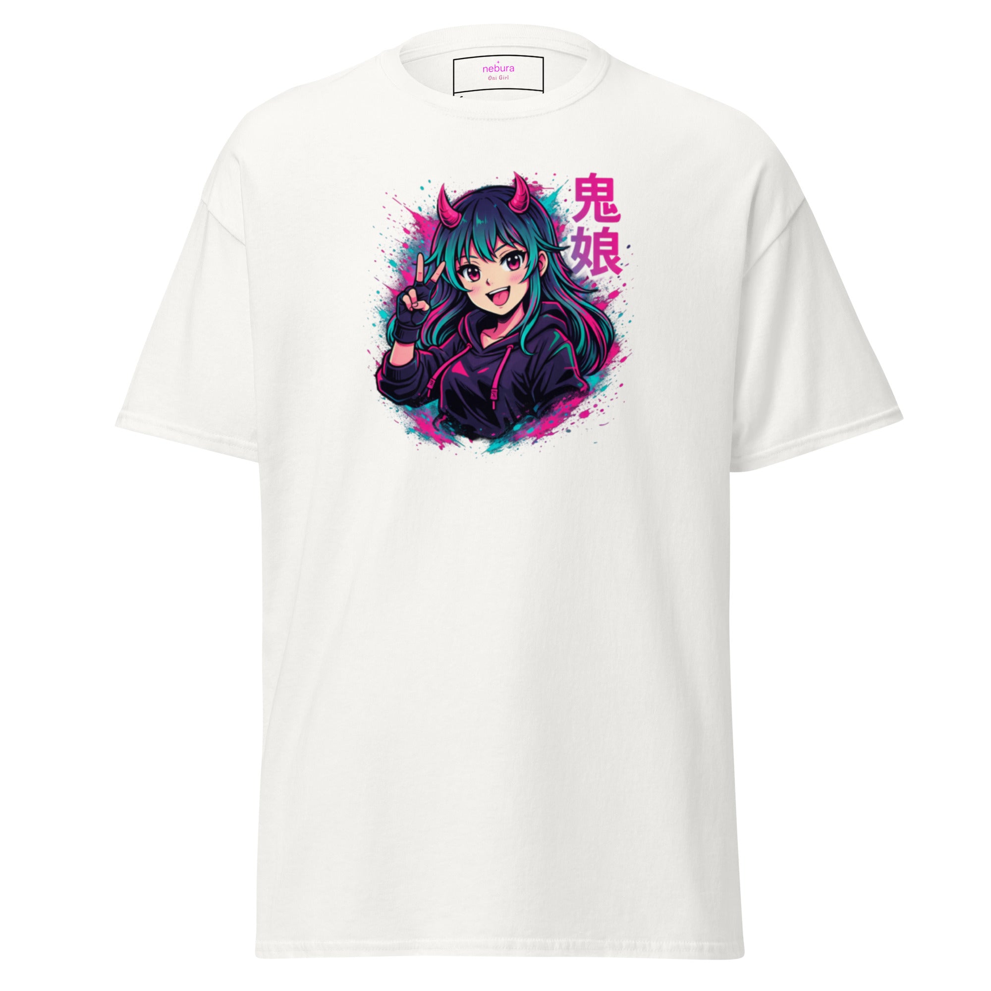 Nebura Oni Girl Neon Anime T-Shirt in Weiß mit leuchtendem Anime-Motiv