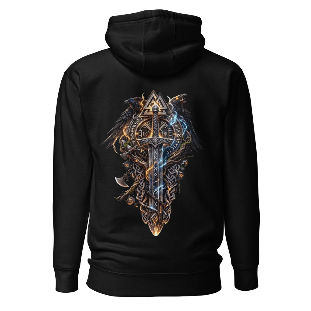 Nebura Die Runenklinge Hoodie schwarz mit nordischem Runenschwert Rückenprint und detailreicher Runenmagie
