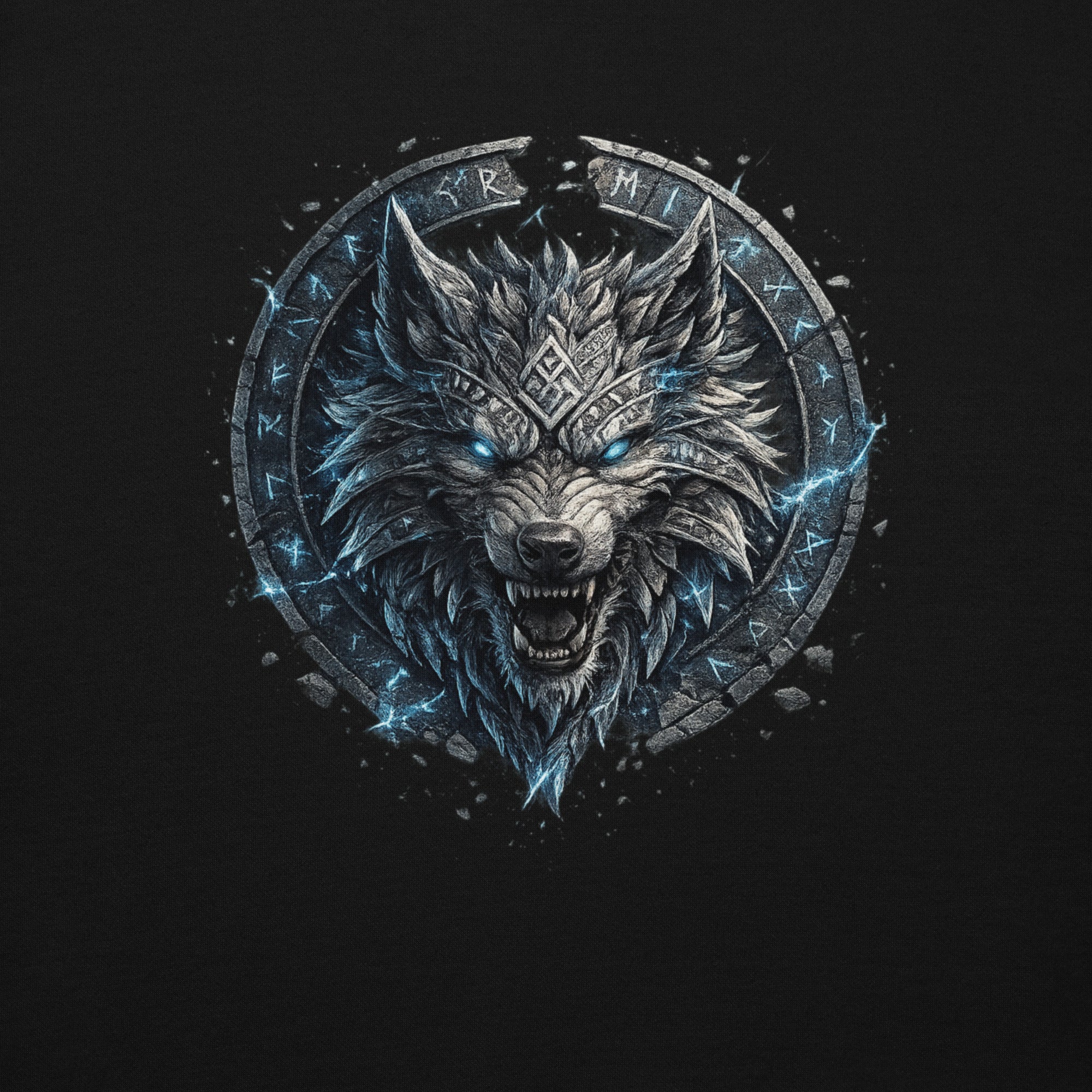 Detailsansicht des Runenwolf Fenrir Designs. Eisblauer nordischer Fenrir im Runenkreis