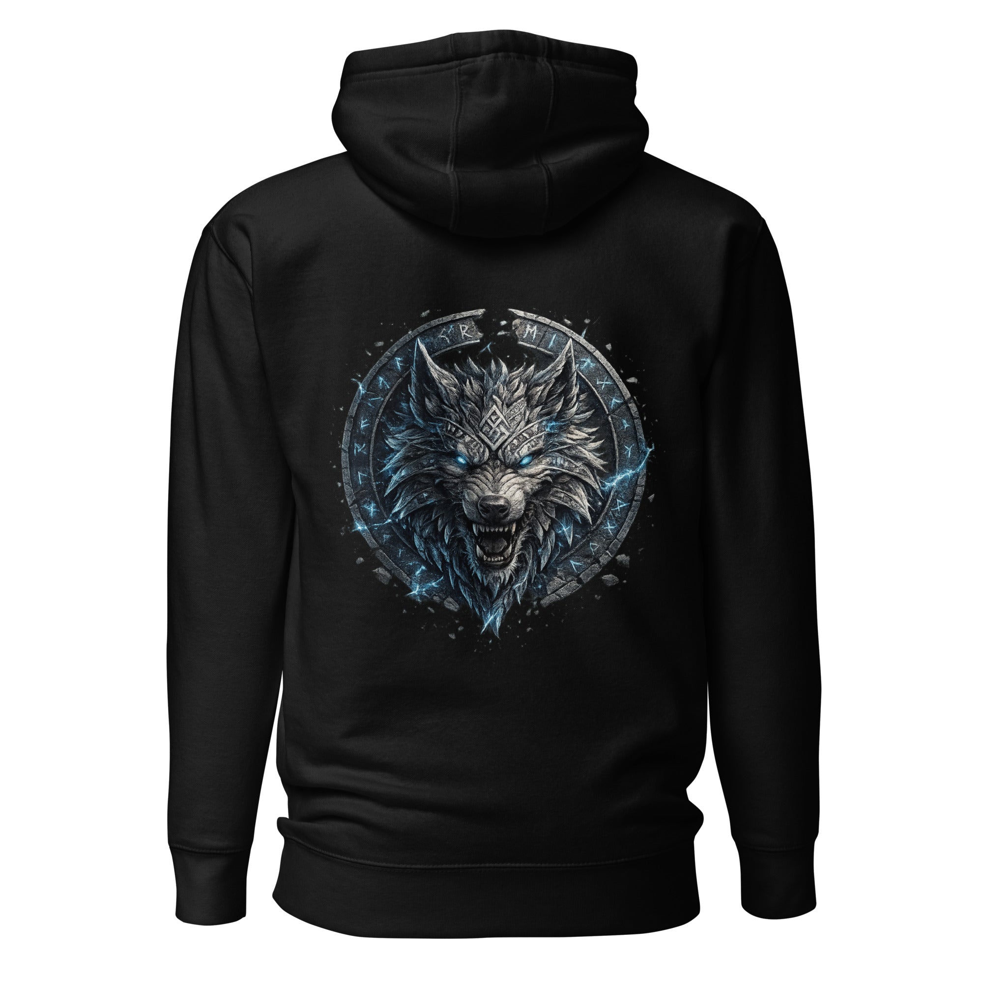 Runenwolf Fenrir nordisches Mythologie Design auf schwarzem Hoodie mit leuchtenden Runen