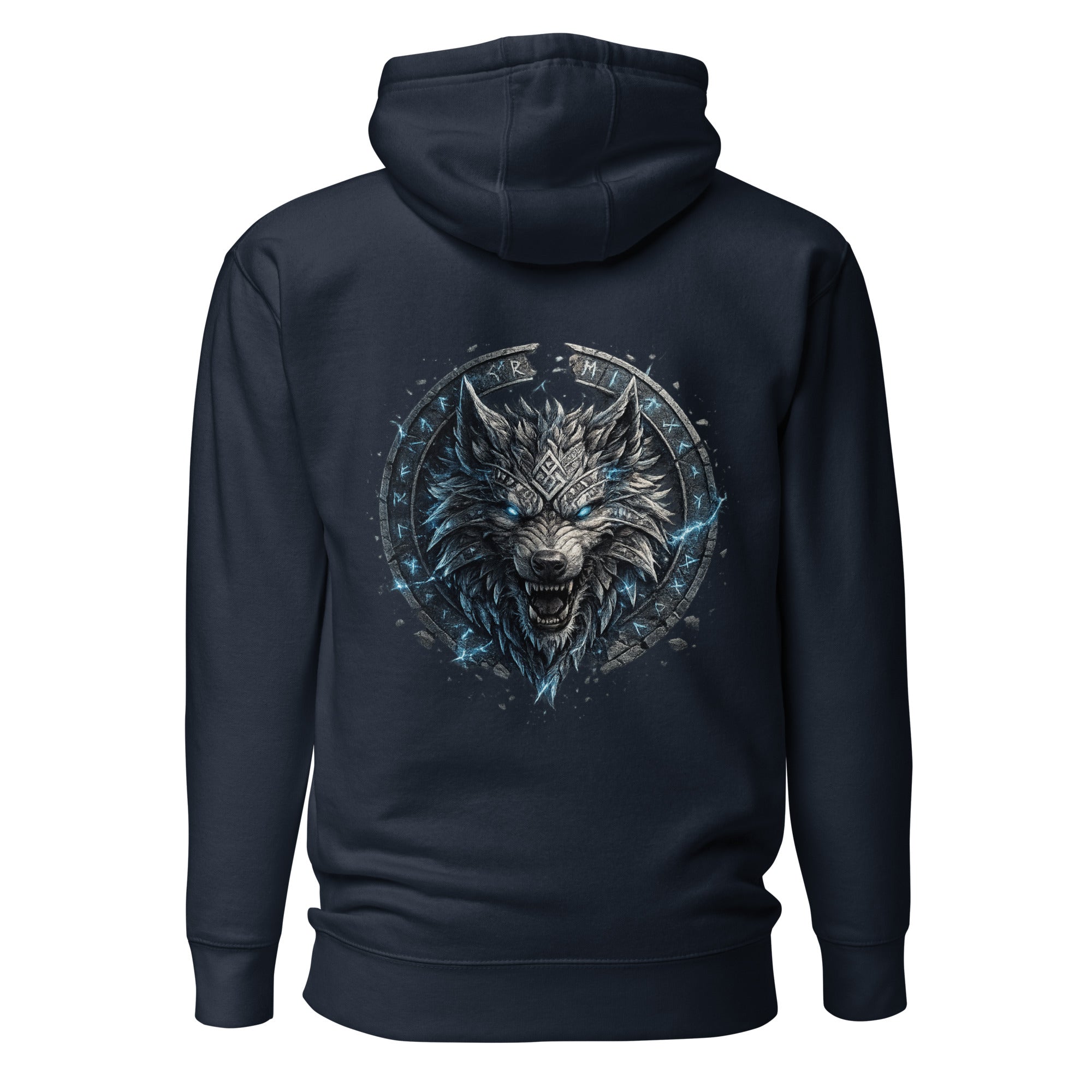 Runenwolf Fenrir nordisches Wolf Design mit Runenkreis auf navy blauem Hoodie