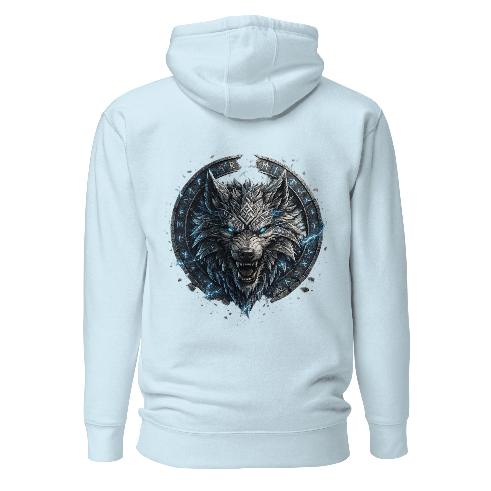 Runenwolf Fenrir Runenwolf Design mit eisblauen Runen auf hellblauem Hoodie