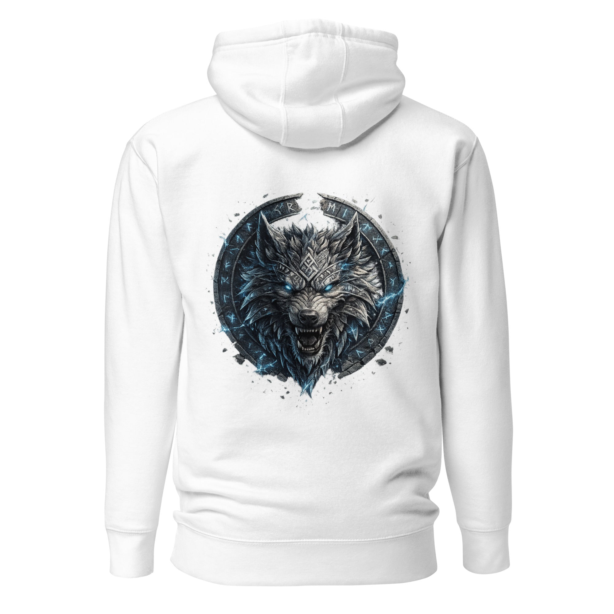 Runenwolf Fenrir nordisches Wolf Motiv mit Runenkreis auf weißem Hoodie