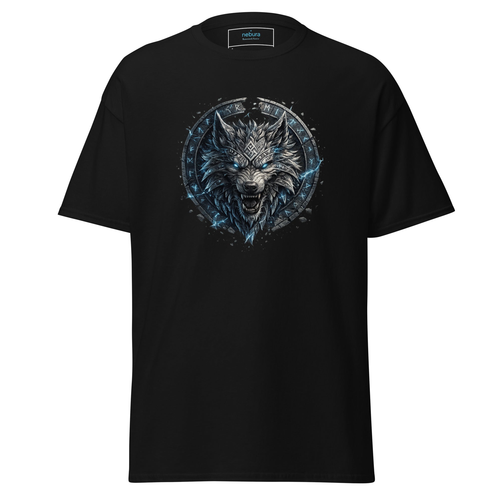 Runenwolf Fenrir nordisches Wolf Design mit Runen auf schwarzem T-Shirt