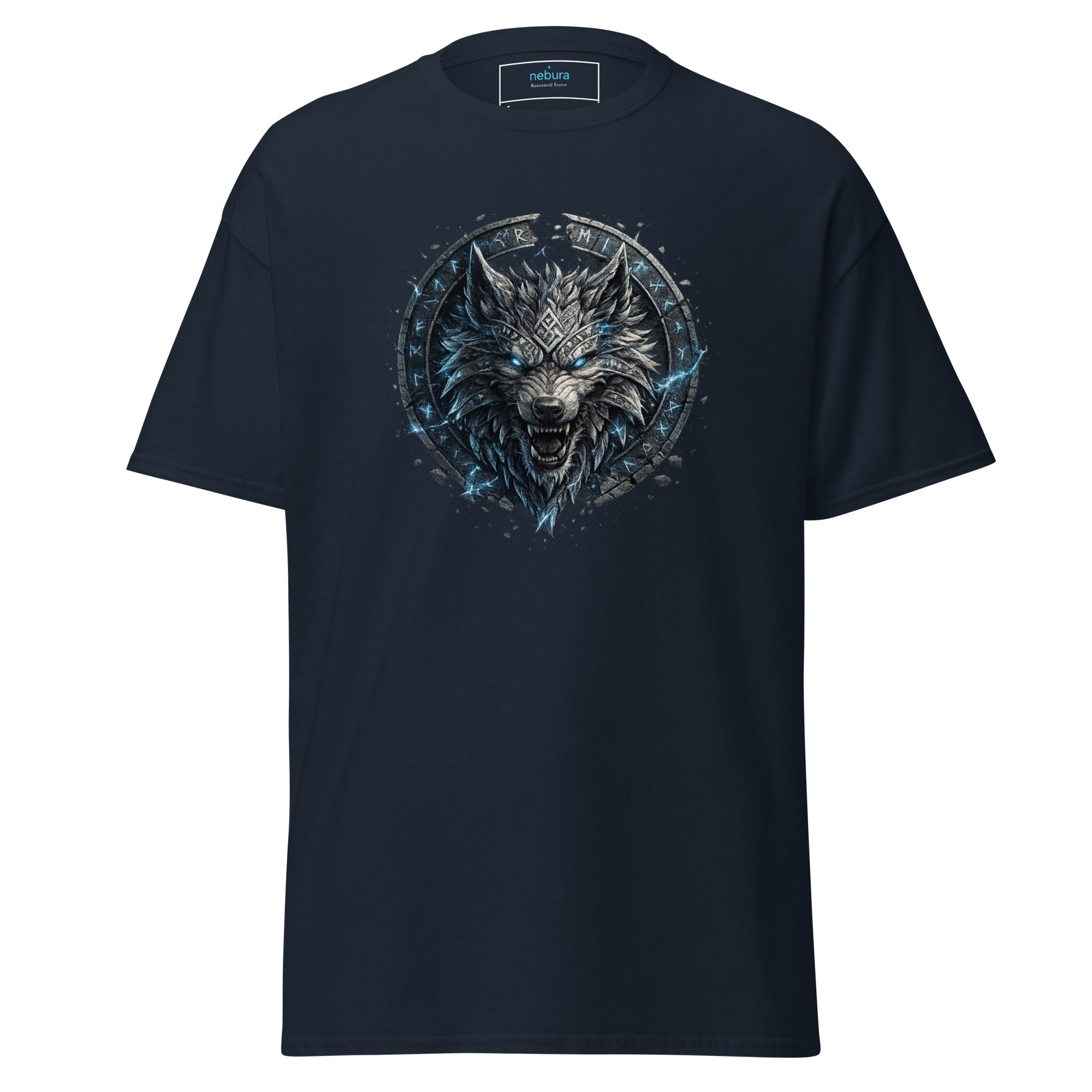 Runenwolf Fenrir nordisches Runenwolf Motiv auf navy blauem T-Shirt
